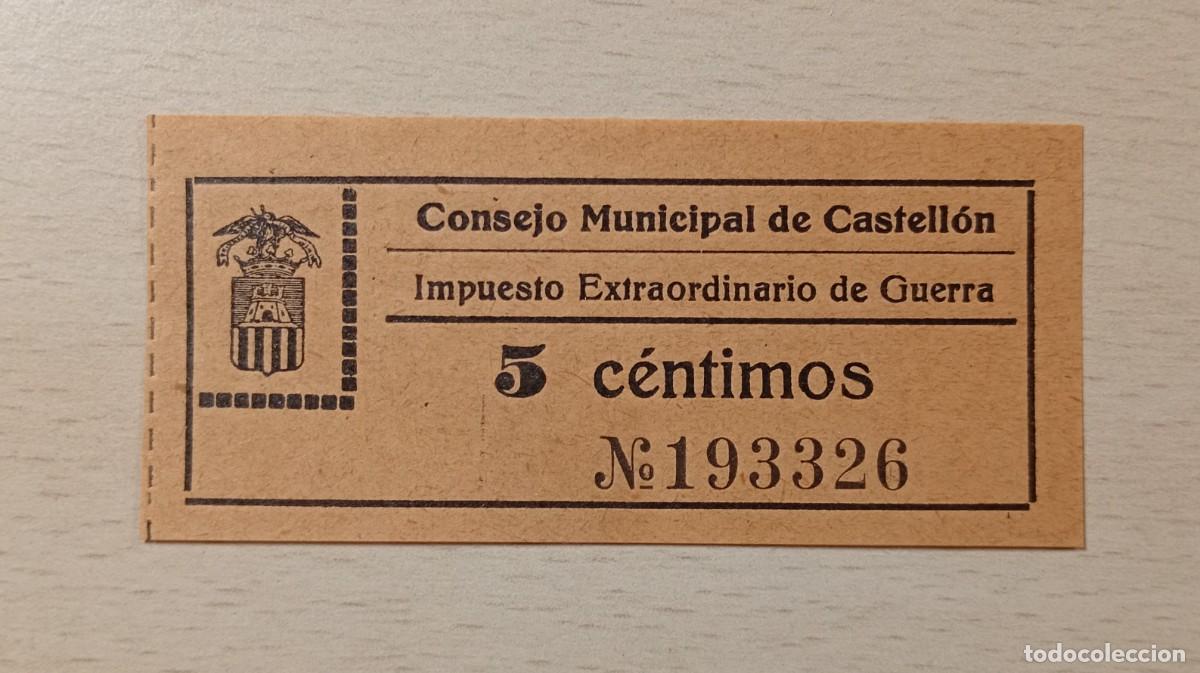 Sellos: CASTELL&Oacute;N. IMPUESTO EXTRAORDINARIO GUERRA. 5 CENTIMOS