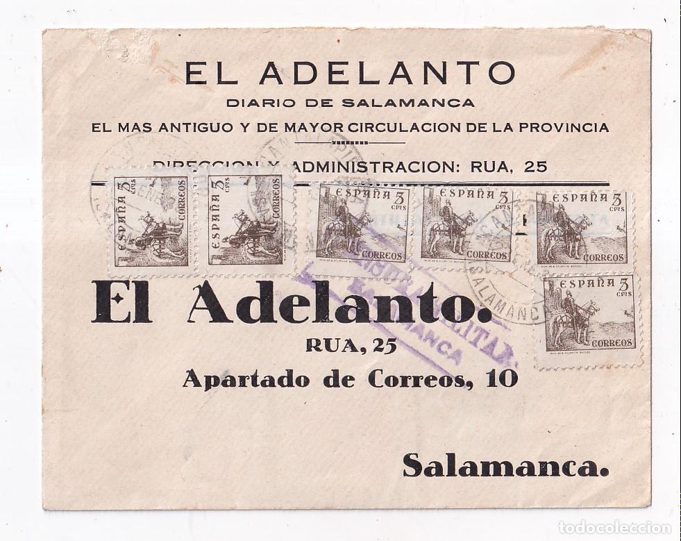 Sellos: SOBRE. CANTALAPIEDRA. SALAMANCA. 1938. AL DIARIO EL ADELANTADO. CENSURA MILITAR