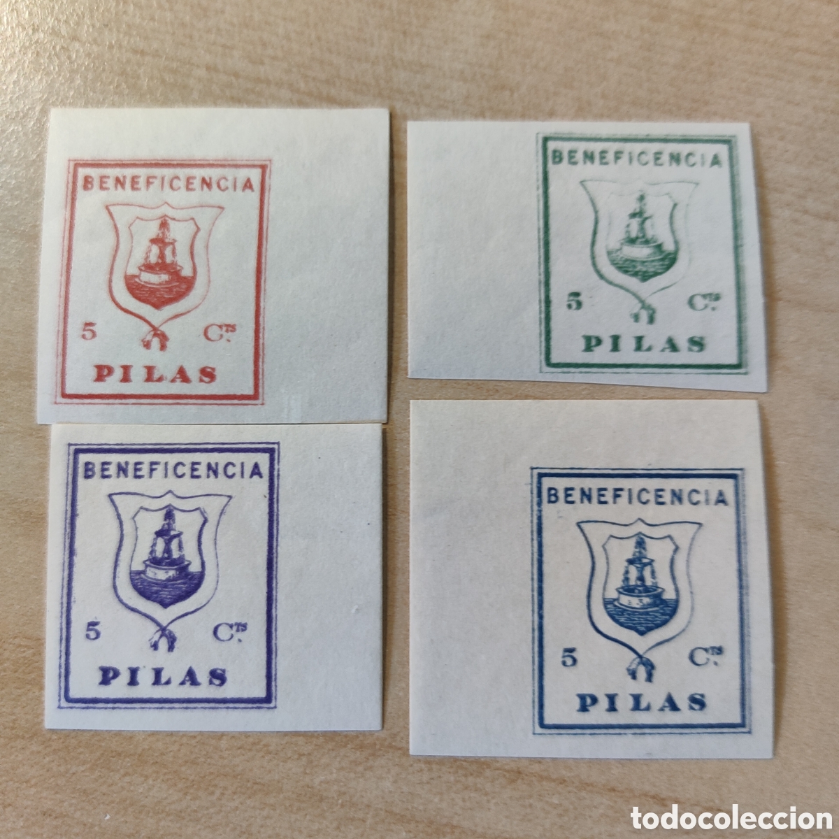 Sellos: cpx RARO Sevilla Pilas Beneficencia Allepuz 10 a 13 SIN DENTAR 4 colores azul verde rojo violeta
