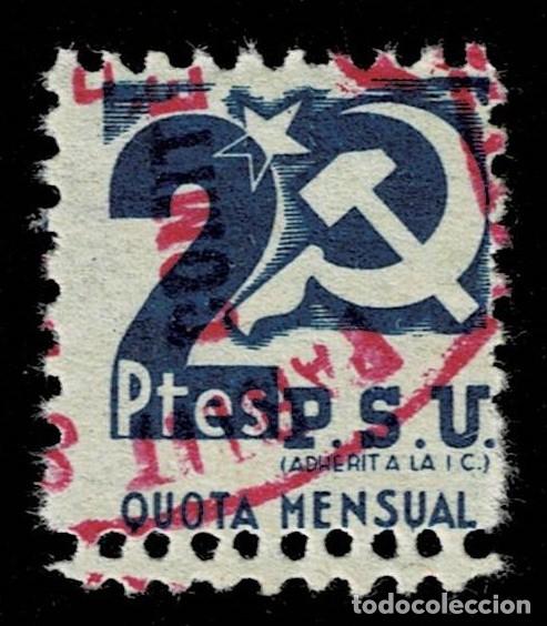 Sellos: Guerra Civil P.S.U. (Adherit a la I.C.) Quota Mensual GG n&ordm; 1824 Valor 2 Ptes. Color AZUL Sin fijase
