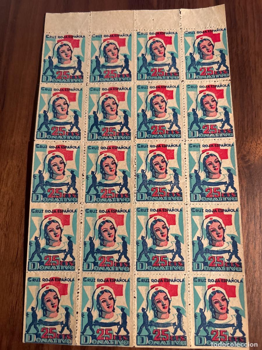 Sellos: Bloque de 20 vi&ntilde;etas Cruz Roja Espa&ntilde;ola 25 Cts Donativo &ndash; Enfermera &ndash; Original Guerra Civil