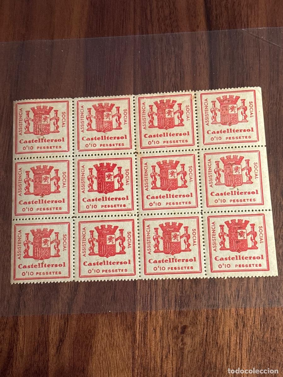 Sellos: Bloque de 12 vi&ntilde;etas Asistencia Social Castellter&ccedil;ol 0,10 Pesetas &ndash; Beneficencia &ndash; Original