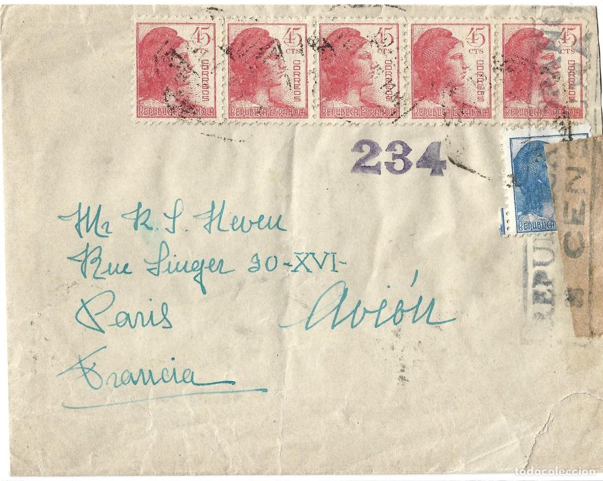 Sellos: 1939 carta guerra civil pocos d&iacute;as antes de la ca&iacute;da de Barcelona enviada a Francia. Multifranqueo