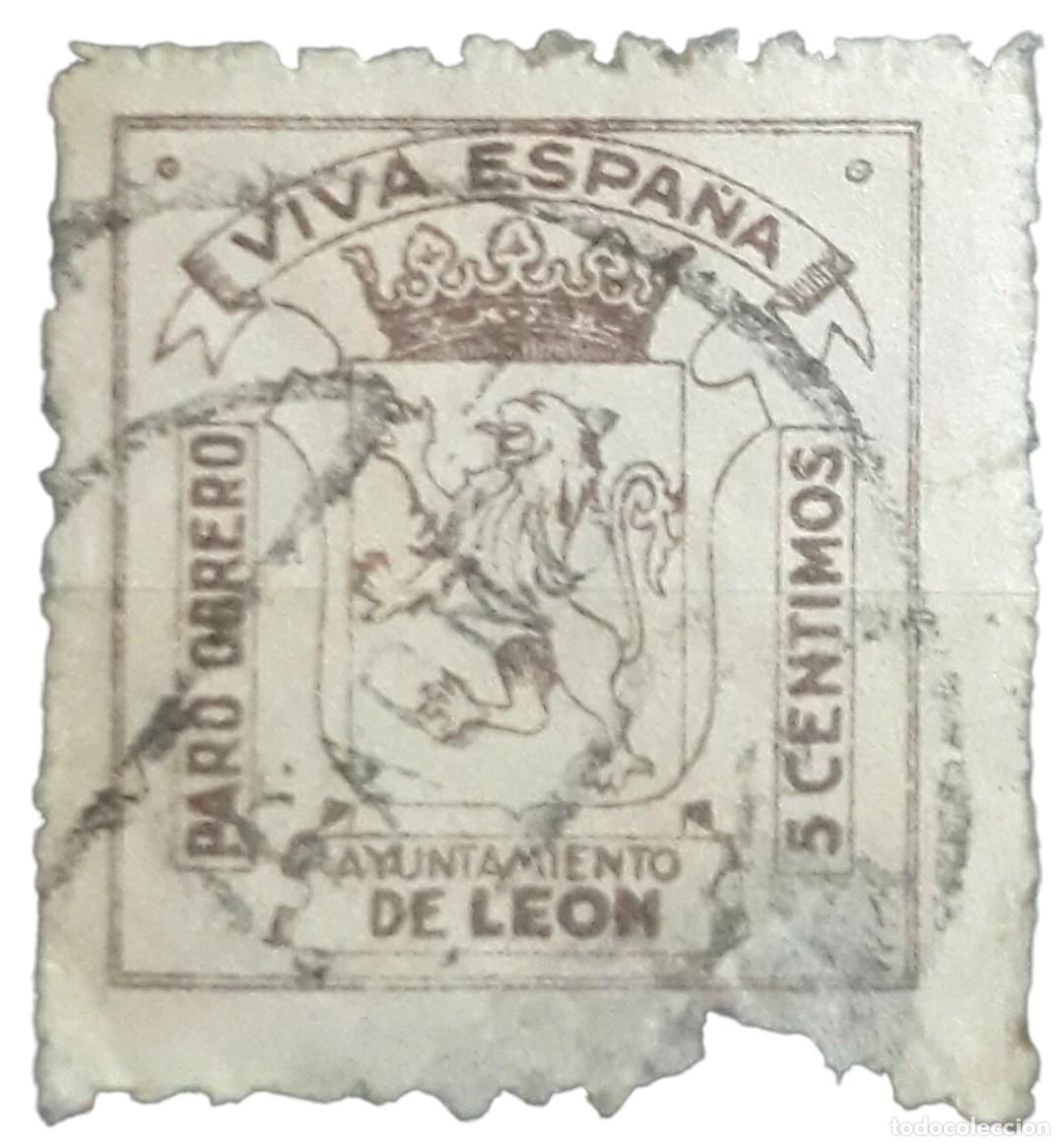 Sellos: 1936 AYUNTAMIENTO DE LE&Oacute;N - PARO OBRERO. 5 CTS. USADO.