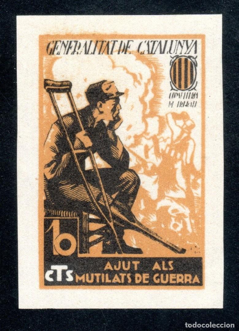 Sellos: AJUT ALS MUTILATS DE GUERRA. GENERALITAT DE CATALUNYA. CONSELLERIA DE TREBALL. SIN DENTAR. 10 CTS.