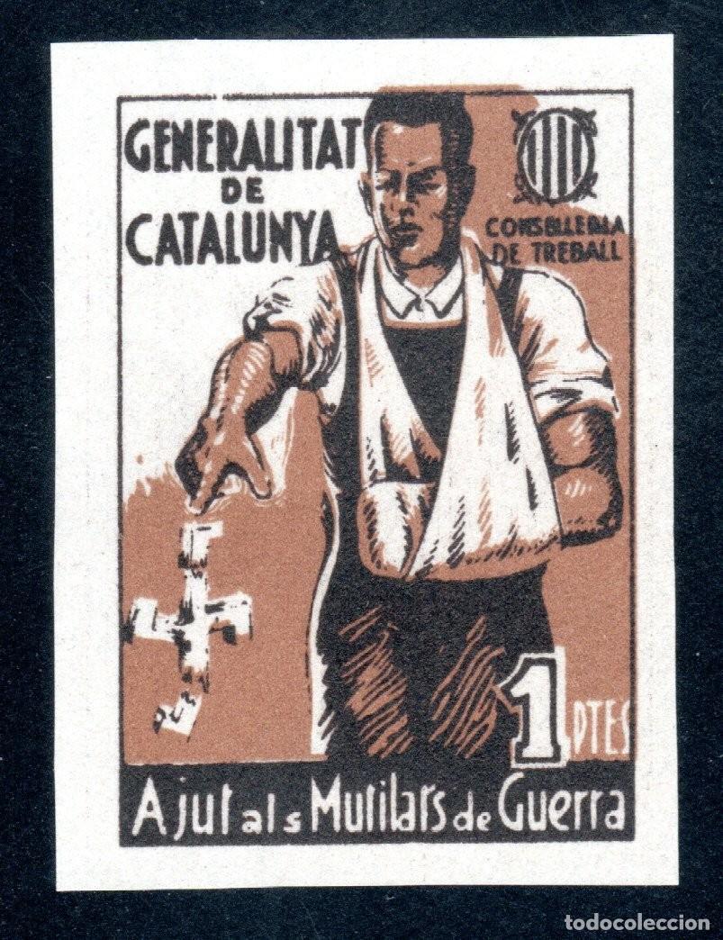 Sellos: AJUT ALS MUTILATS DE GUERRA. GENERALITAT DE CATALUNYA. CONSELLERIA DE TREBALL. SIN DENTAR. 1 PTES.