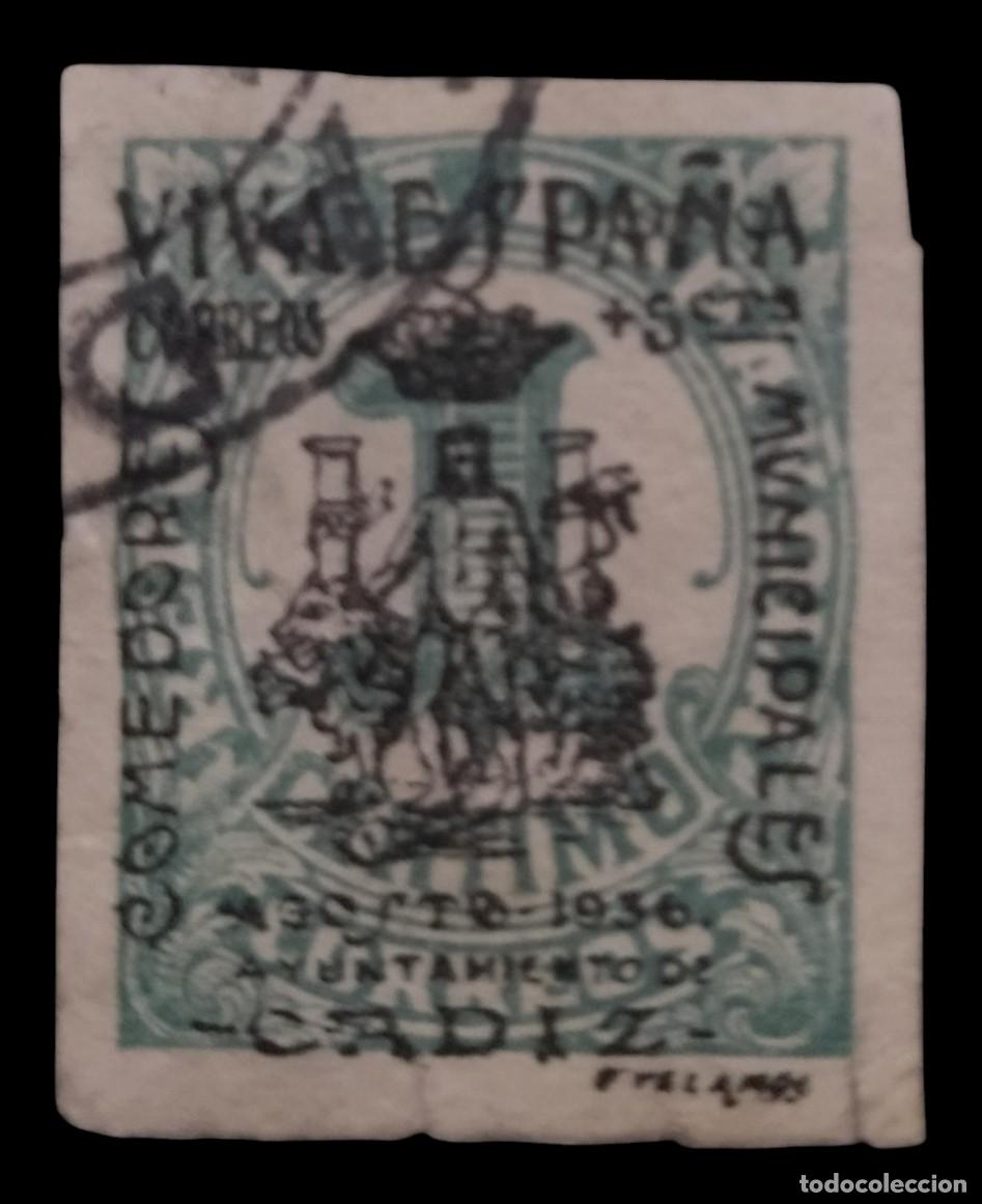 Sellos: GUERRA CIVIL 1936 GUERRA CIVIL. C&Aacute;DIZ - COMEDORES MUNICIPALES - ARRIBA ESPA&Ntilde;A. USADO.