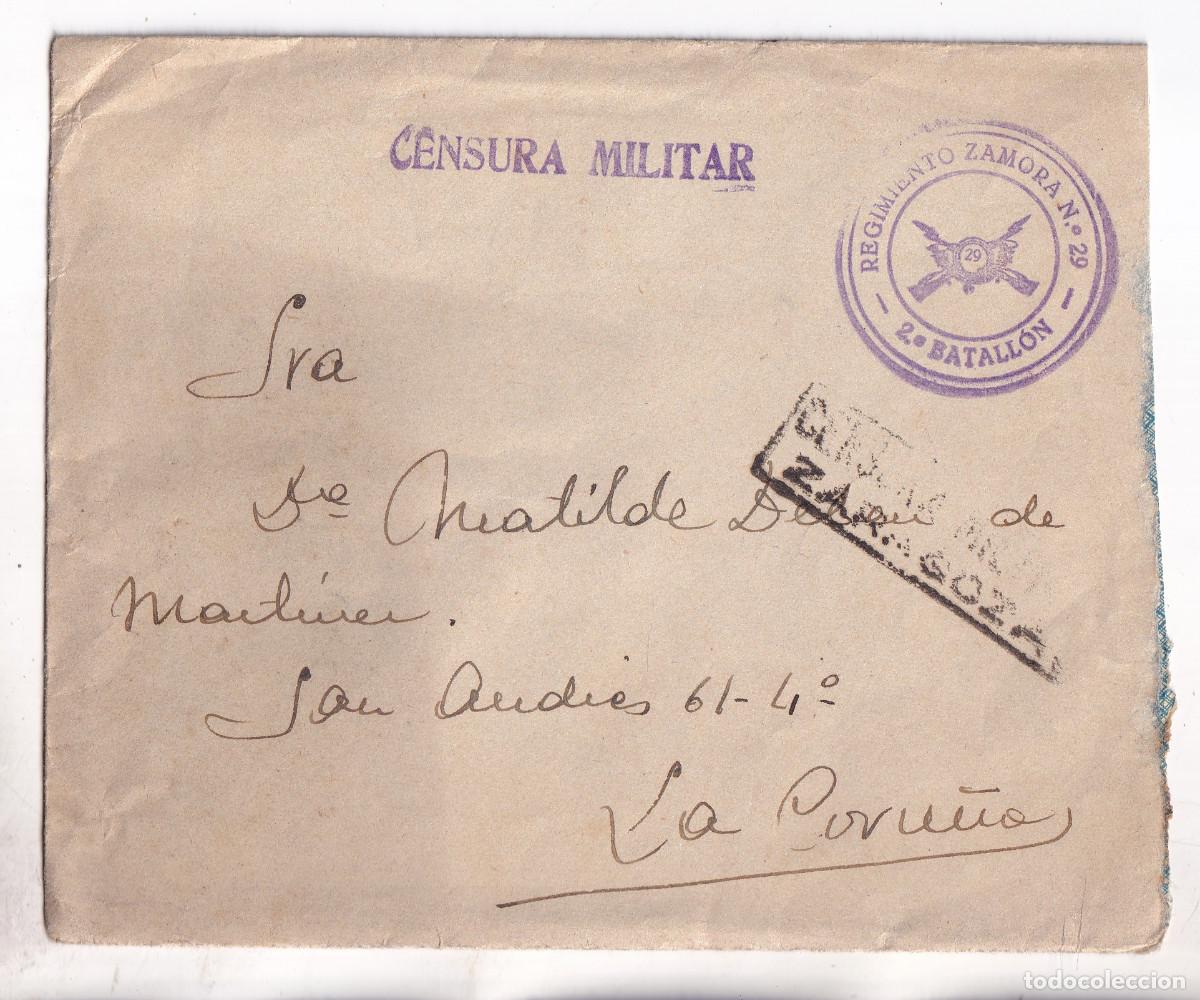 Sellos: SOBRE FRANQUICIA RGTO. ZAMORA. SAN MATEO DE G&Aacute;LLEGO. ZARAGOZA. CENSURA MILITAR. A CORU&Ntilde;A. GALICIA