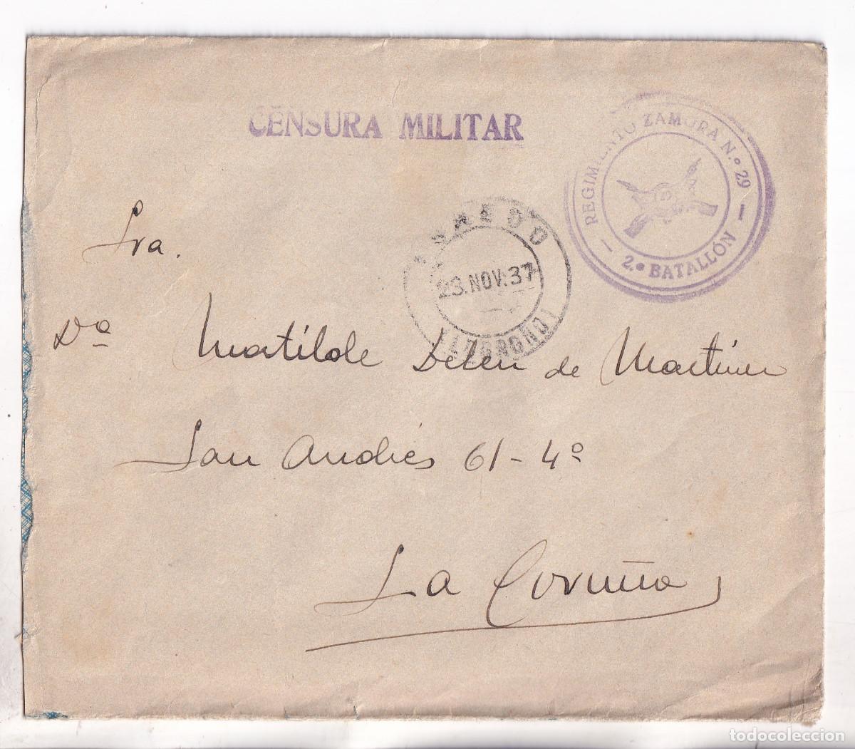 Sellos: SOBRE FRANQUICIA RGTO. ZAMORA. ARNEDO. LA RIOJA. 1937. CENSURA MILITAR. A CORU&Ntilde;A. GALICIA