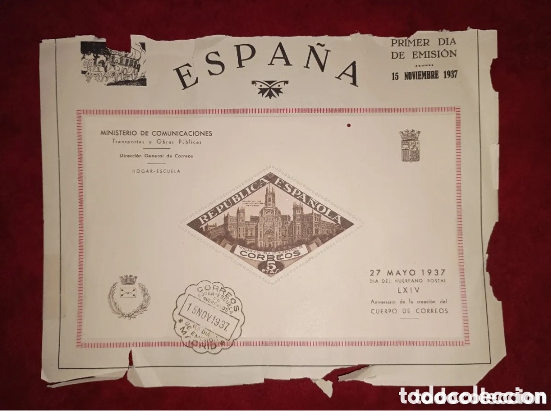 Sellos: ESPA&Ntilde;A 1937 - BENEFICENCIA HU&Eacute;RFANOS DE CORREOS - EDIFIL 17 - MATASELLO DE PRIMER D&Iacute;A