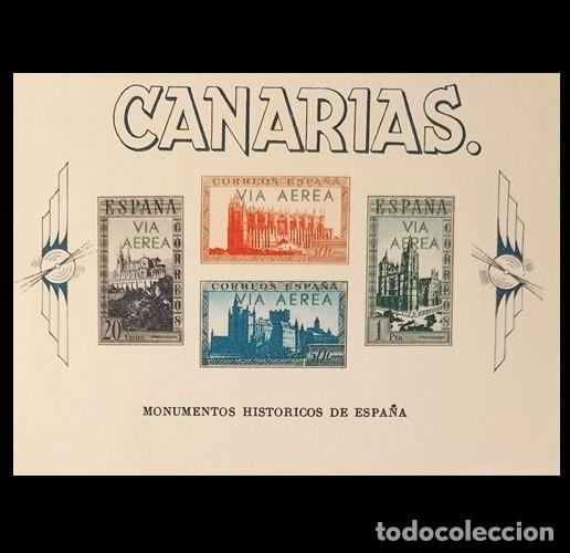Sellos: Edifil 64 Hojita SIN DENTAR HB Canarias MNH Sobrecarga VERDE Espa&ntilde;a 1938 Monumentos Hist&oacute;ricos