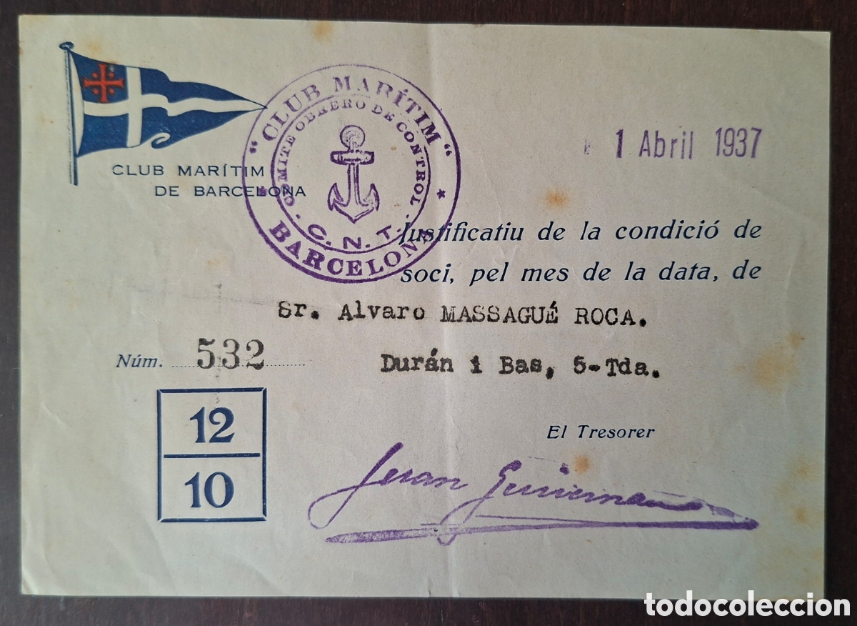 Sellos: Guerra civil Club Maritm Comite de Control CNT Barcelona 1937