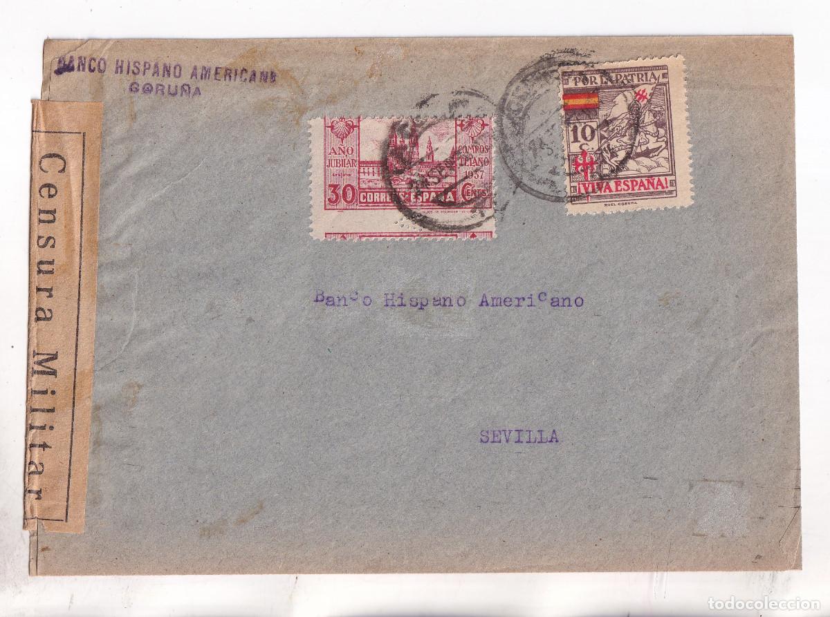 Sellos: SOBRE. CORU&Ntilde;A. 1937. CENSURA MILITAR. SELLO A&Ntilde;O JUBILAR SALTO DE PEINE Y PERFORADO