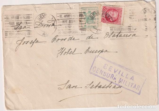 Sellos: Sobre de Sevilla a Hotel Europa, San Sebasti&aacute;n Franqueado y fechado 4 Dic. 1936. con Edifil 686 y Pr
