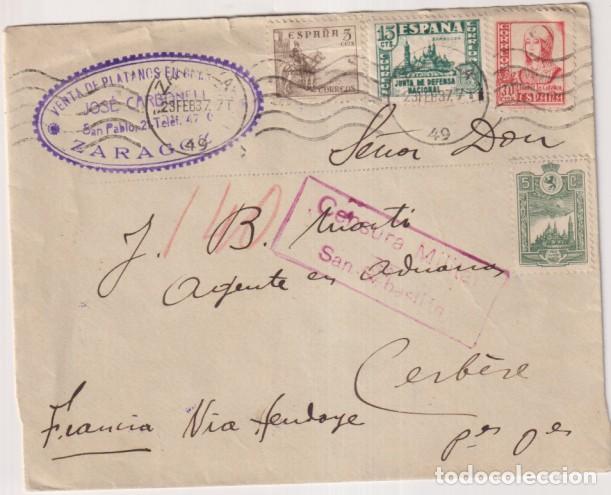Briefmarken: Sobre con Membrete de Zaragoza a Cerb&eacute;re (Francia) v&iacute;a Niza-Hen. Franq. 23 Feb.1937. Bonito franqueo