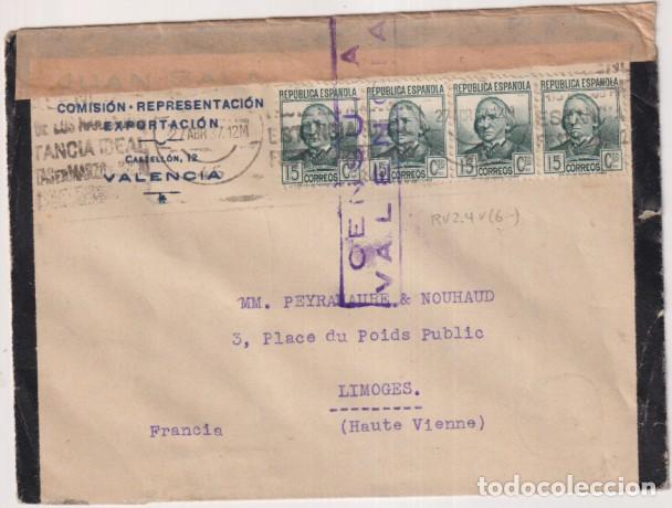 Selos: Sobre con Membrete de Valencia a Limoges (Francia) Franqueado y fechado el 27 Abr. 1937. Con Censura