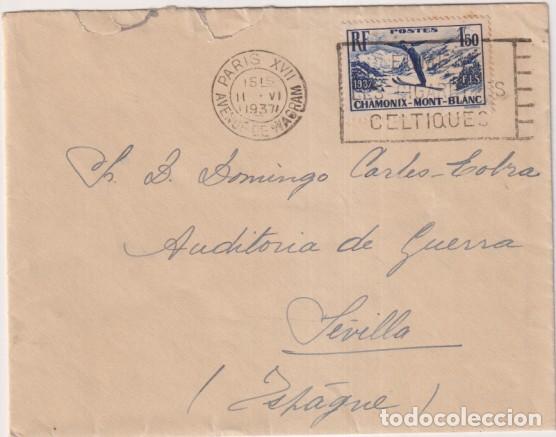 Timbres: Sobre de Paris a Auditor&iacute;a de Guerra Sevilla del 2 Jun. 1937. Con Censura Militar de Sevilla