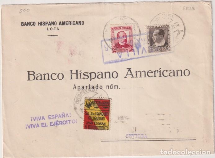 Sellos: Carta de Banco Hispano Americano de Loja a Sevilla del 25 Nov. 1937. Con Franqueo Edifil 681 y 685 y