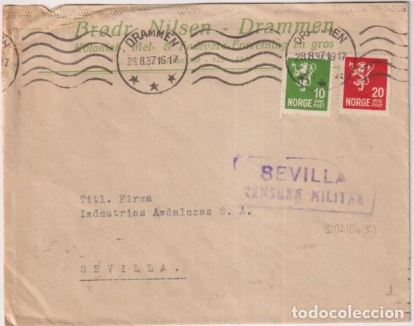 Sellos: Sobre con Membrete de Drammen (Noruega) a Sevilla del 29 Ago. 1937. Con Censura Militar de Sevilla.
