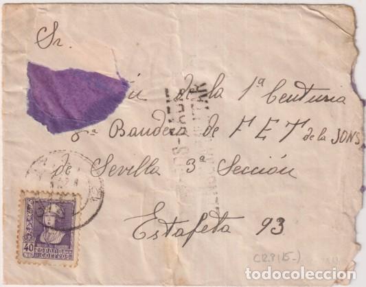 Sellos: Sobre de C&aacute;diz a Sevilla (Sr- de la 1&ordf; Cen., 6&ordf; Bandera FET- Jons. Sevilla, 3&ordf; Secci&oacute;n. Con censura