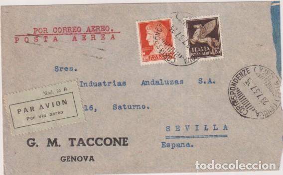 Sellos: Sobre con Membrete de Genova a Sevilla. Correo A&eacute;reo. Franqueado el 23 Jul. 1937. Con Censura Milita