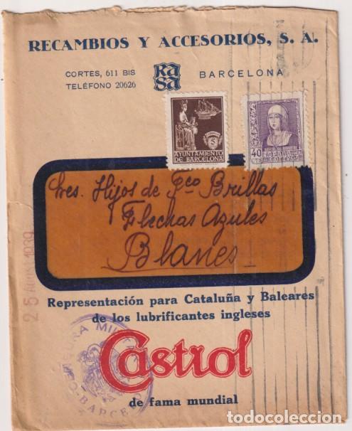 Francobolli: Carta Con Membrete y hoja patri&oacute;tica de Barcelona a Blanes (Flechas Azules) de Abril de 1939. Censur