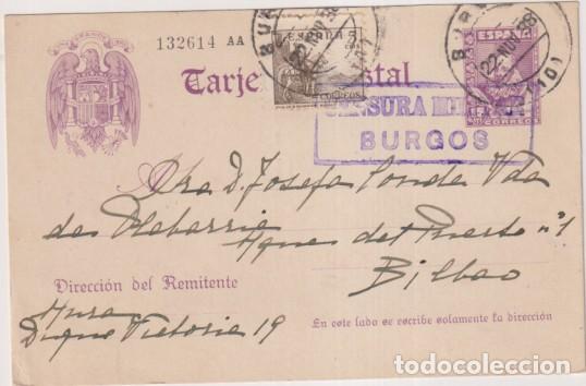Francobolli: Tarjeta Entero Postal 62. De 1938 a !940. De Burgos a Bilbao del 22 Nov. 1938. Con Censura Militar d