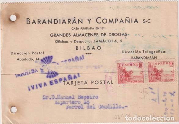 Stamps: Tarjeta Patri&oacute;tica con Membrete. Grandes Almacenes de Drogas. Bilbao. al Ferrol del Caudillo del 29