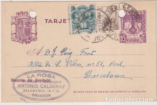 Sellos: Tarjeta entero Postal 81. 1937. de Granada a Barcelona del 25 Feb. 1939 Con franqueo A&ntilde;adido Edifil