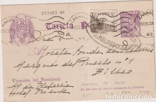 Sellos: Tarjeta Entero postal de Zaragoza a Bilbao Franqueado + Edifil 186a y Bonitos Fechadores 28 Ene. 293