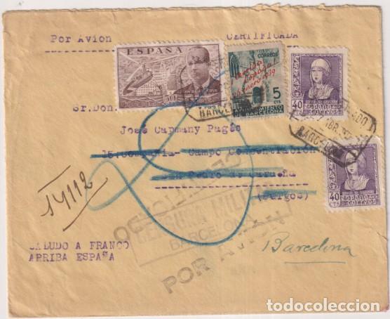 Sellos: Sobre patri&oacute;tico de Port-Bou a Barcelona del 27 Abr. 1939. Franqueado con Edifil 858 (2) 883 y Ayto.