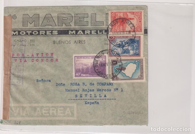 Sellos: Sobre con Membrete Motores marell, Buenos Aires. V&iacute;a C&oacute;ndor a Sevilla. Bon. Franqueo y fechado 16 No