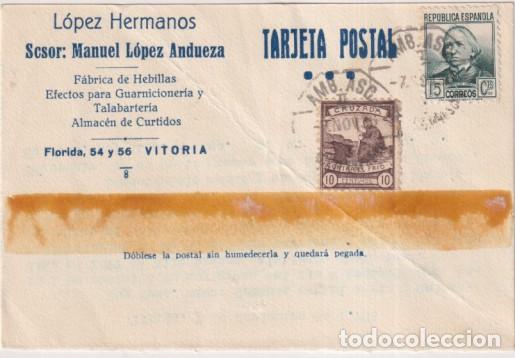 Sellos: Tarjeta con membrete L&oacute;pez hermanos F&aacute;brica de Hebillas Vitoria del 7 Nov. 1936. Con franqueo de la