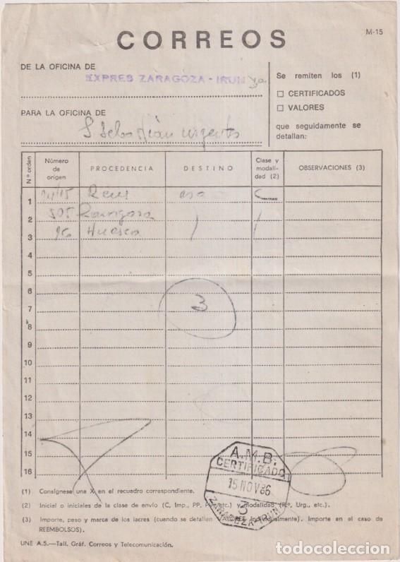 Sellos: Correos. De la oficina de Express Zaragoza-Ir&uacute;n Para La oficina S. Sebasti&aacute;n Urgentes. Fechador A.M.