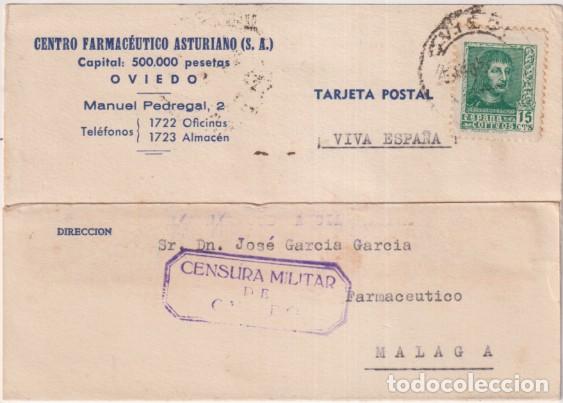 Sellos: Tarjeta Posta con Membrete Centro Farmac&eacute;utico Asturiano. de Oviedo a M&aacute;laga del 24 Ago. 1938. Con C