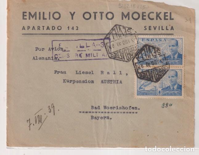 Sellos: Frontal de carta con Membrete Emilio y Otto Moeckel de Sevilla a Bayern. Por avi&oacute;n. Fechador Correo
