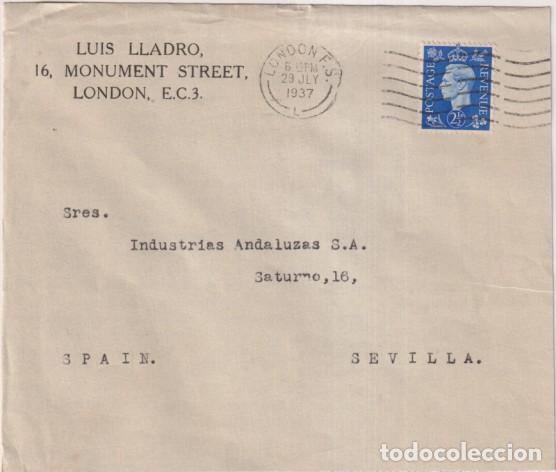 Sellos: Sobre Con Membrete Luis Lladro. London a Sevilla. del 23 Jul 1937. Con Sevilla Censura Militar