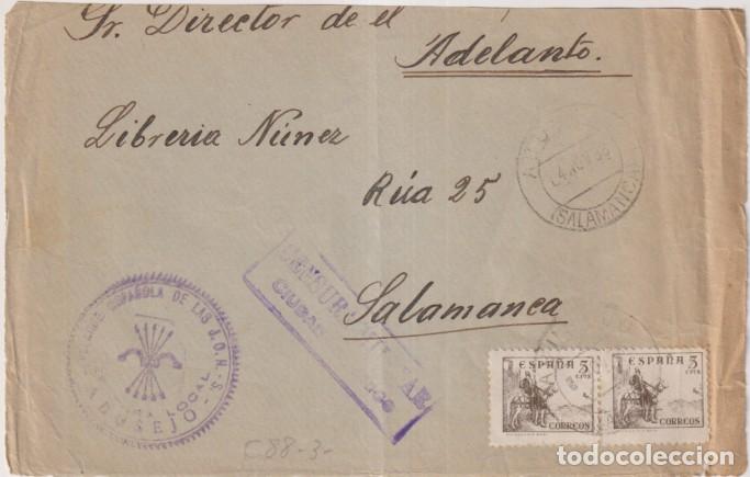 Sellos: Frontal de Carta del Saucejo (Sevilla ) a Salamanca del 4 Nov. 1938. Con tamp&oacute;n F.E.T. de las J.O.N.