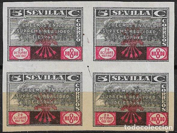 Sellos: SELLOS LOCALES, Guerra Civil, SEVILLA, Sevilla, FESOFI n&ordm; 54s Bloque de 4, con 54sa * * CORREO sin S