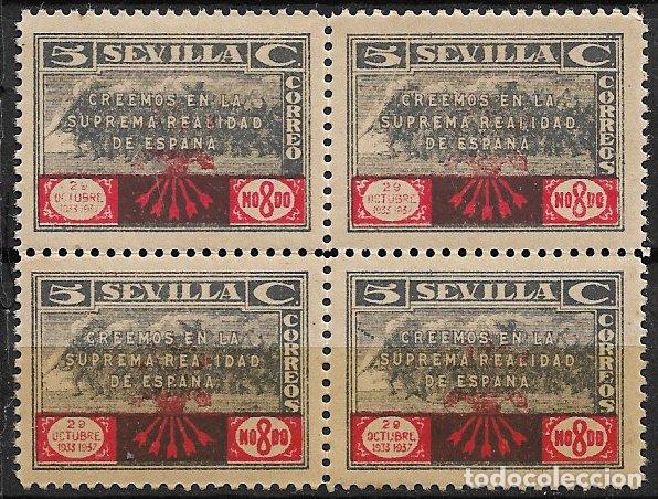 Sellos: SELLOS LOCALES, Guerra Civil, SEVILLA, Sevilla, FESOFI n&ordm; 54 Bloque de 4, con 54a * * CORREO sin S