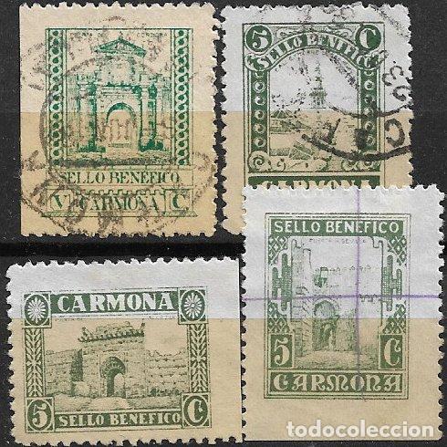 Sellos: SELLOS LOCALES, Guerra Civil, SEVILLA, Carmona, FESOFI n&ordm; 10, 14, 18 y 22 (o) / (*)