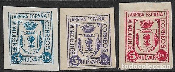 Sellos: SELLOS LOCALES, Guerra Civil, SEVILLA, Huevar, FESOFI n&ordm; 26s a 28s * *