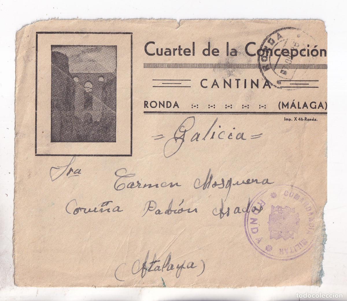 Sellos: FRONTAL. CUARTEL CONCEPCI&Oacute;N RONDA. M&Aacute;LAGA. 1936. COMANDANCIA MILITAR. A PADR&Oacute;N. CORU&Ntilde;A. GALICIA