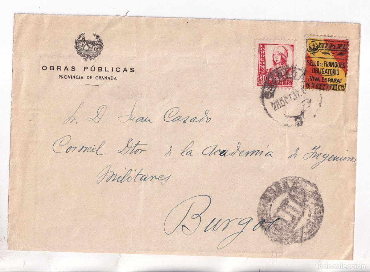 Sellos: FRONTAL. GRANADA. 1937. LOCAL. AL DTOR. CORONEL ACADEMIA DE INGENIEROS. BURGOS