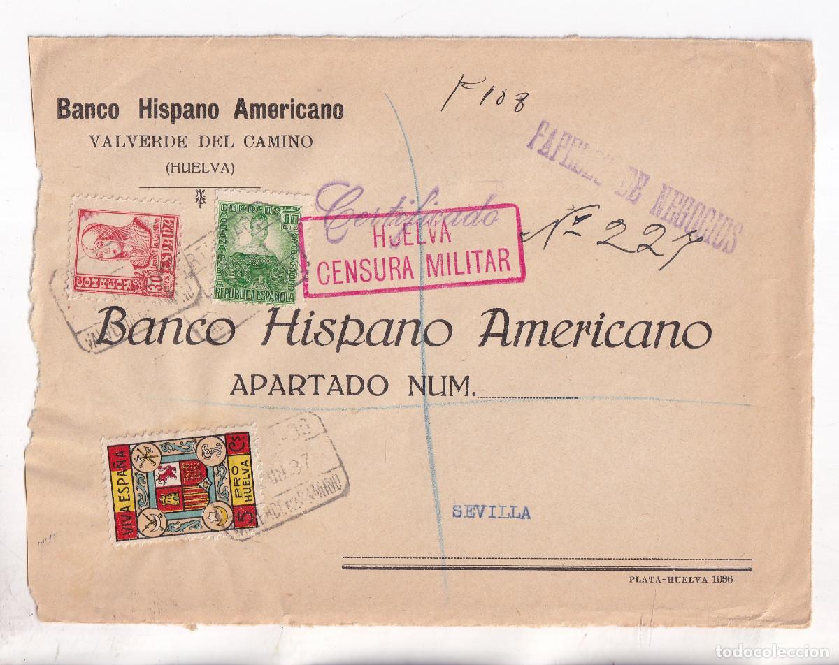 Briefmarken: FRONTAL. VALVERDE DEL CAMINO. HUELVA. 1937. CERTIFICADO. CENSURA MILITAR Y LOCAL