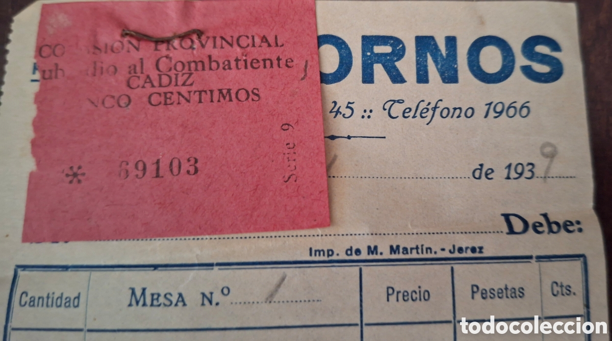 Sellos: Subsidio al combatiente C&aacute;diz 5 cent sobre factura 1939