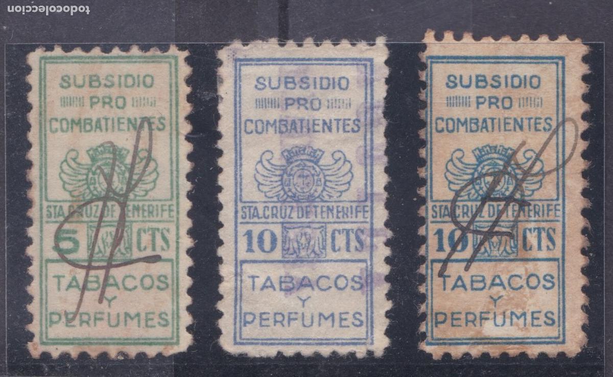 Sellos: AA2-FISCALES .Tabacos y Perfumes SUBSIDIO COMBATIENTES x 3 Santa Cruz TENERIFE . Usados