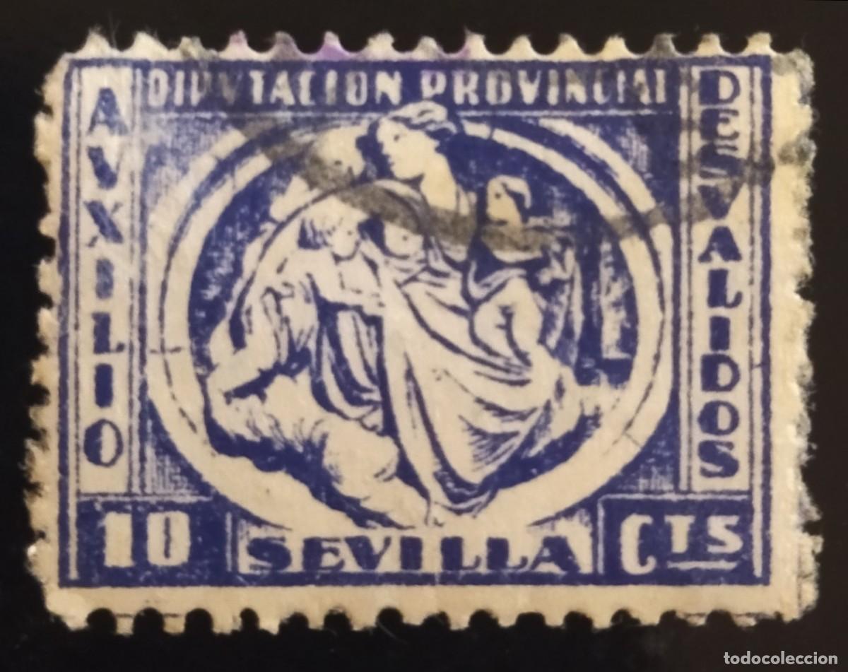 Sellos: GUERRA CIVIL. SEVILLA - AUXILIO A DESVALIDOS. 10 CTOS. USADO.
