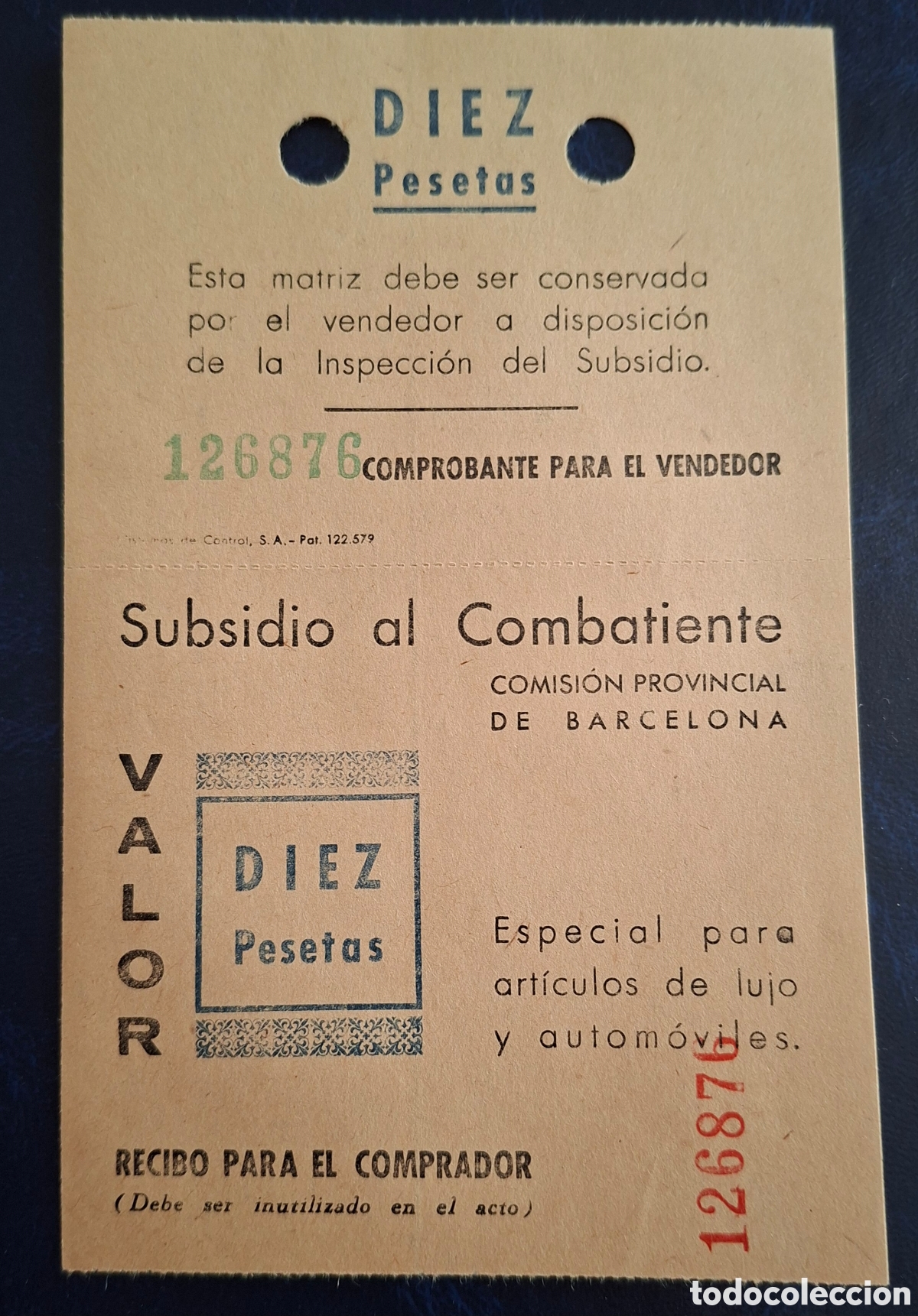 Sellos: Guerra civil Subsidio al combatiente Barcelona 10 ptas Raro sin cortar numeraci&oacute;n vertical