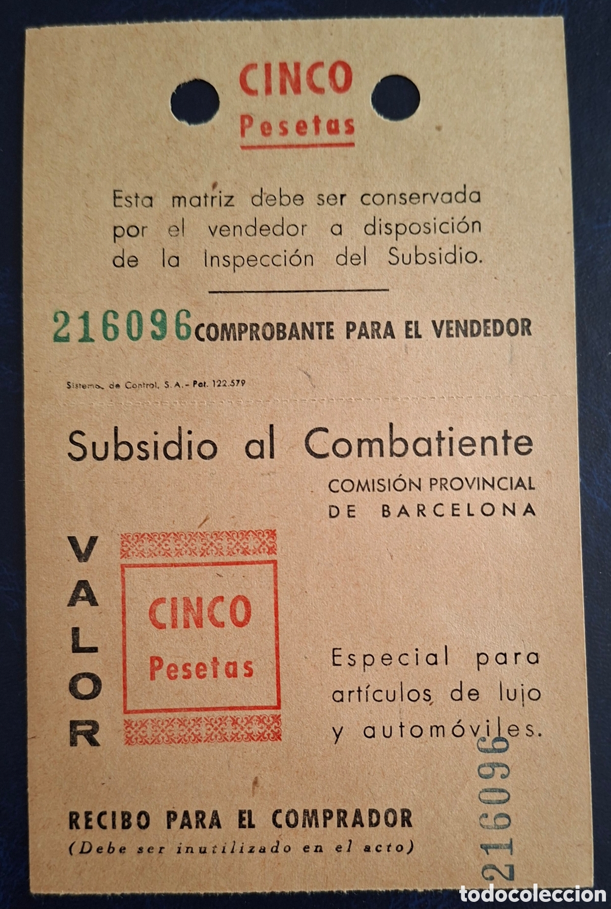 Sellos: Guerra civil Barcelona 5 ptas entero sin cortar numeraci&oacute;n vertical
